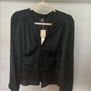 Sanctuary Green Silk-Look Button Front Blouse